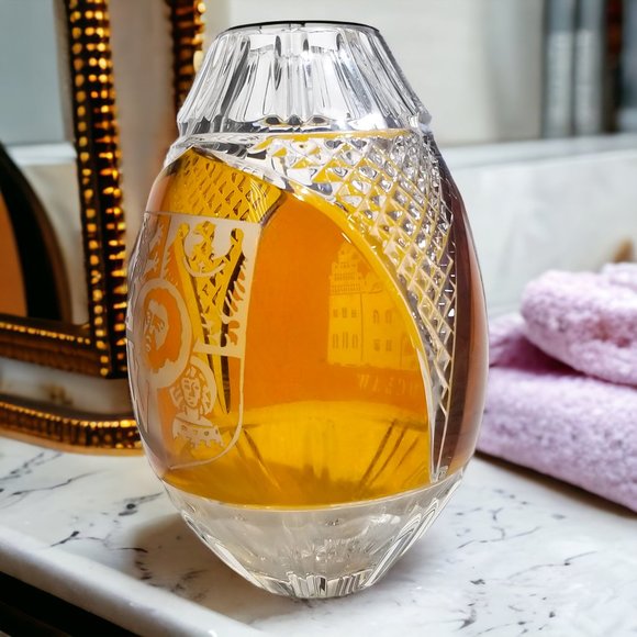 Rare Bohemian 24% Lead Crystal Amber Vase Oval Hand Cut in Poland Cut to Clear - Picture 4 of 10